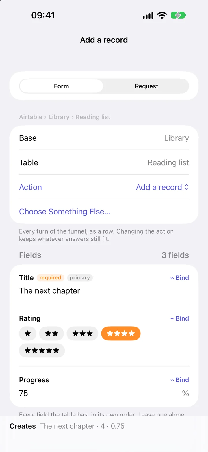 Shortcutify’s Airtable form, with fields for a book, rating, and progress.