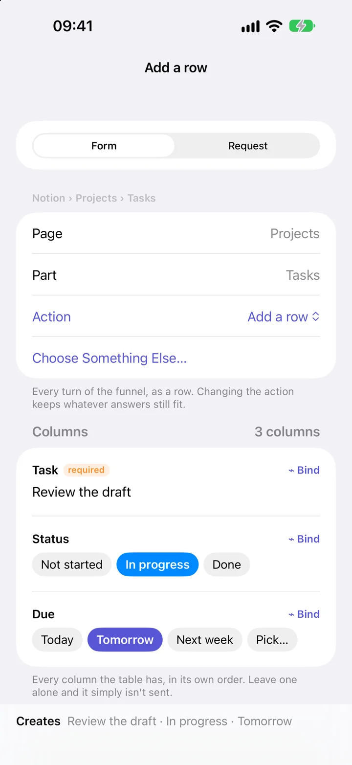 Example Notion table columns rendered as a task field, status choices, and due-date choices.
