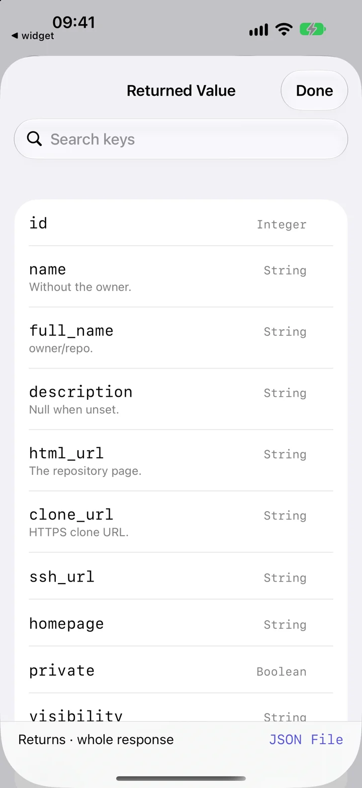 Shortcutify’s returned-value picker, with GitHub repository fields selected.