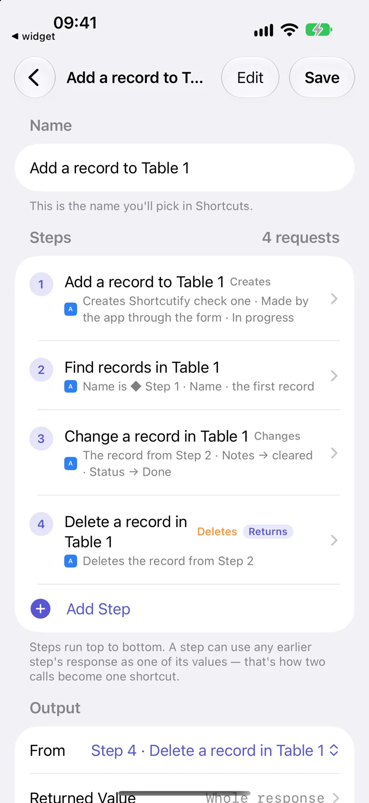 A four-step Airtable action that adds, finds, changes, and deletes a sample record.